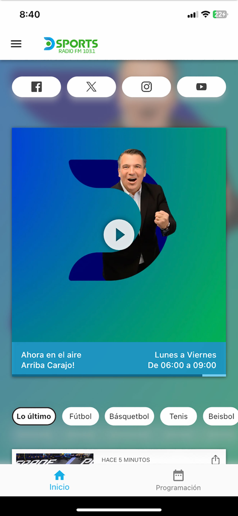 DSPORTS Radio - DSPORTS Radio app home screen interface showing a live sports program and news categories