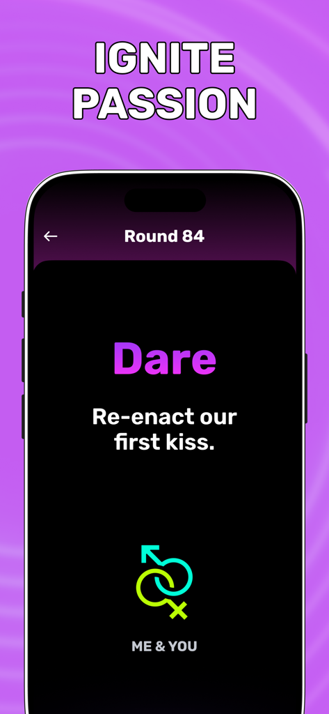 Truth or Dare Dirty 18+ - Truth or Dare Dirty app screenshot showing a dare for couples to re-enact their first kiss