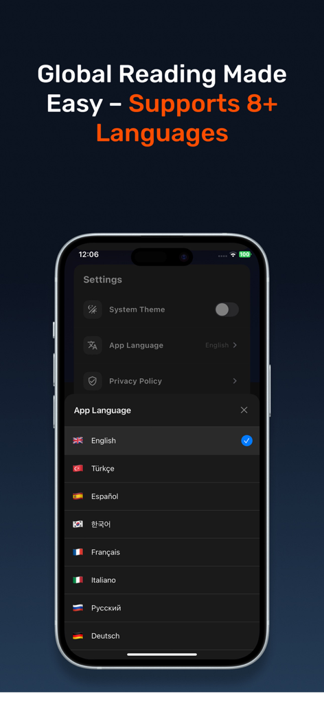 ReadBLOOM: Book Reader - ReadBLOOM app interface showing the language selection settings with support for eight different global languages