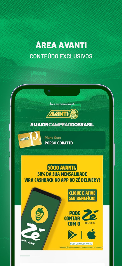 Palmeiras Oficial - Palmeiras Oficial app screen displaying the Avanti fan club membership area and exclusive benefits