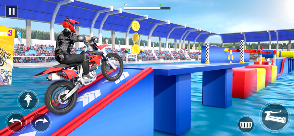 Bike Stunt 3D Race Bike Games - Captura de tela de gameplay de uma acrobacia de moto em uma rampa azul e vermelha em um estádio.