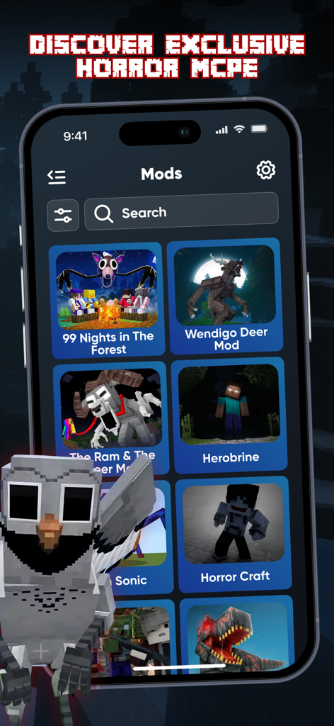 Interface of 99 Nights Mods for Minecraft showing horror-themed mods and characters