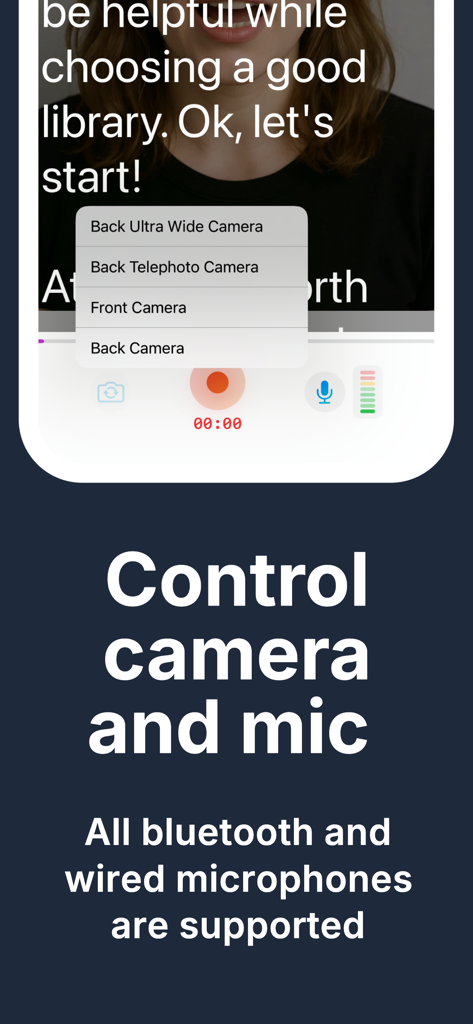 GoTeleprompter: Video Prompter - Camera and microphone selection options in the GoTeleprompter app for video recording.