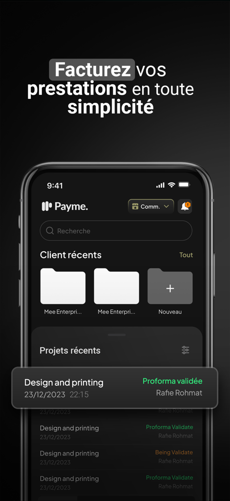 Payme app interface displaying recent business clients and validated proforma invoices