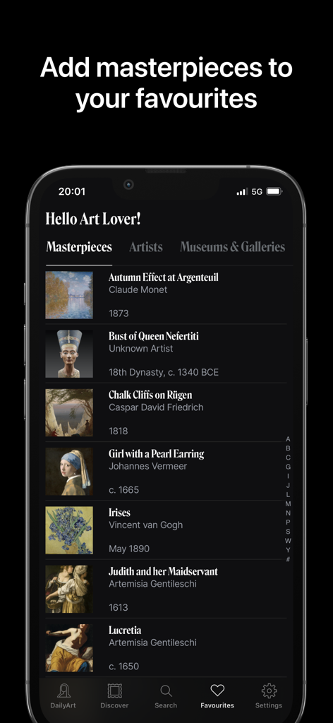 Interfaccia dell'app DailyArt che mostra un elenco di capolavori preferiti in modalità scura