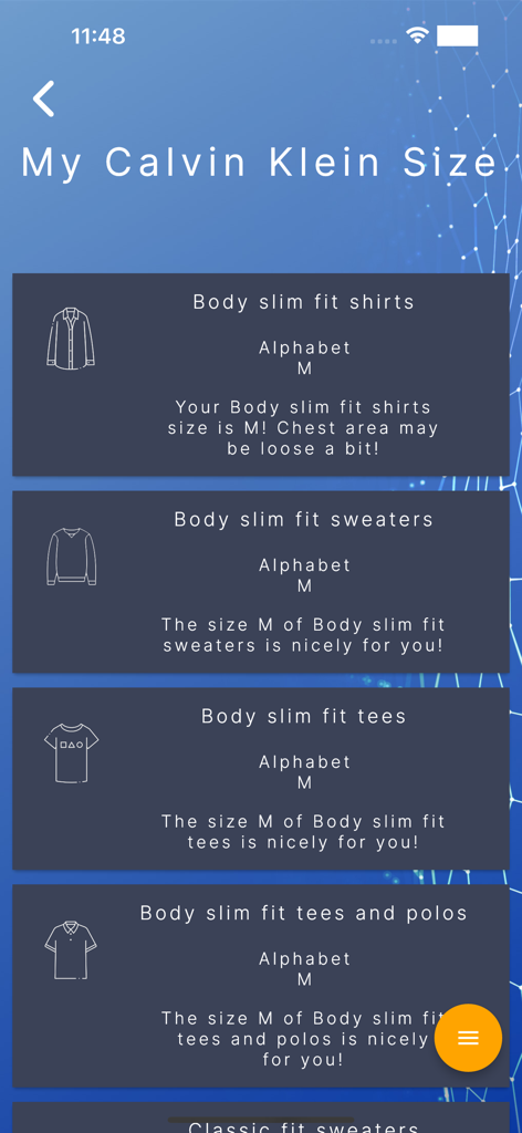 Abody.ai - Abody.ai app screen showing personalized size M recommendations for Calvin Klein shirts and sweaters based on body measurements