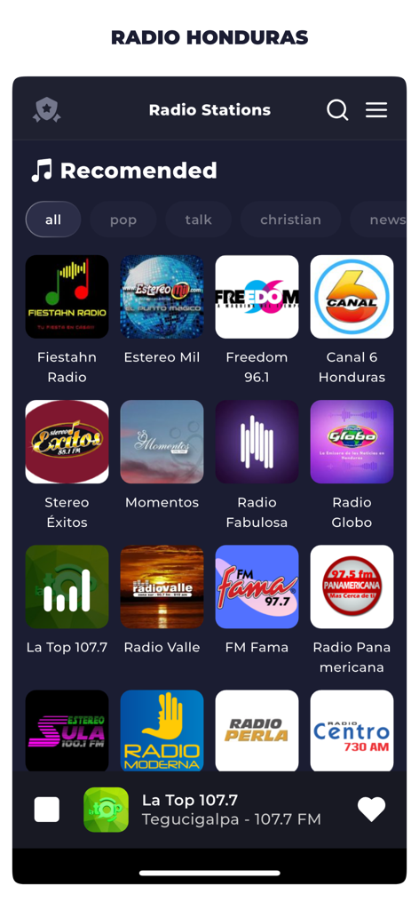 Radio Honduras Live FM AM - Interface of Radio Honduras app showing a list of live radio stations from Honduras including La Top and Radio Globo