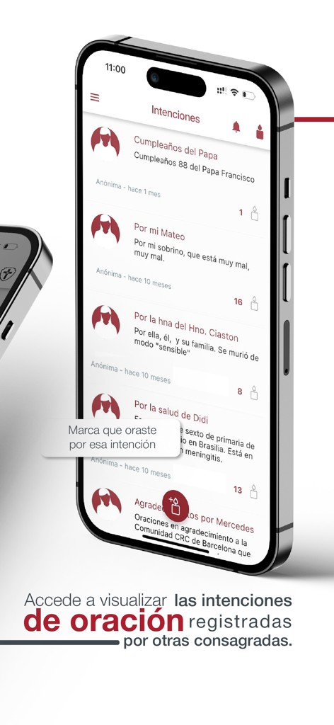 Mobile screen showing prayer intentions shared by members of the Consagradas Regnum Christi community