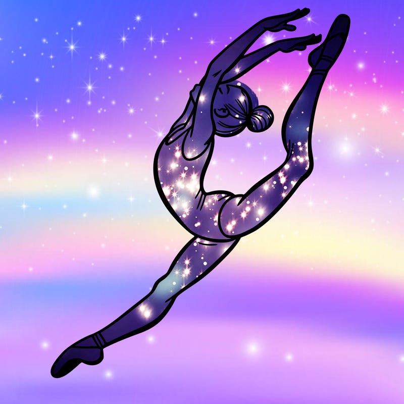 gymnast doing a leap in a leotard with a bent back leg