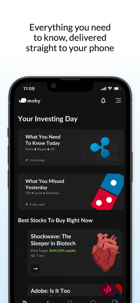 Moby: Invest Smarter - The Moby app dashboard showing daily stock picks and market research reports