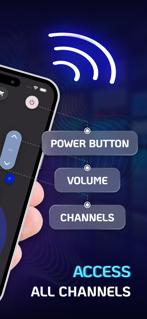 Interface de iPhone para um aplicativo de controle remoto de TV Samsung mostrando controles de energia, volume e canal