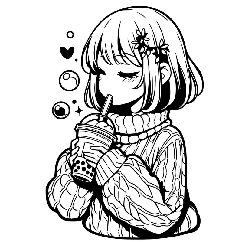 manga girl drinking boba in cozy sweater