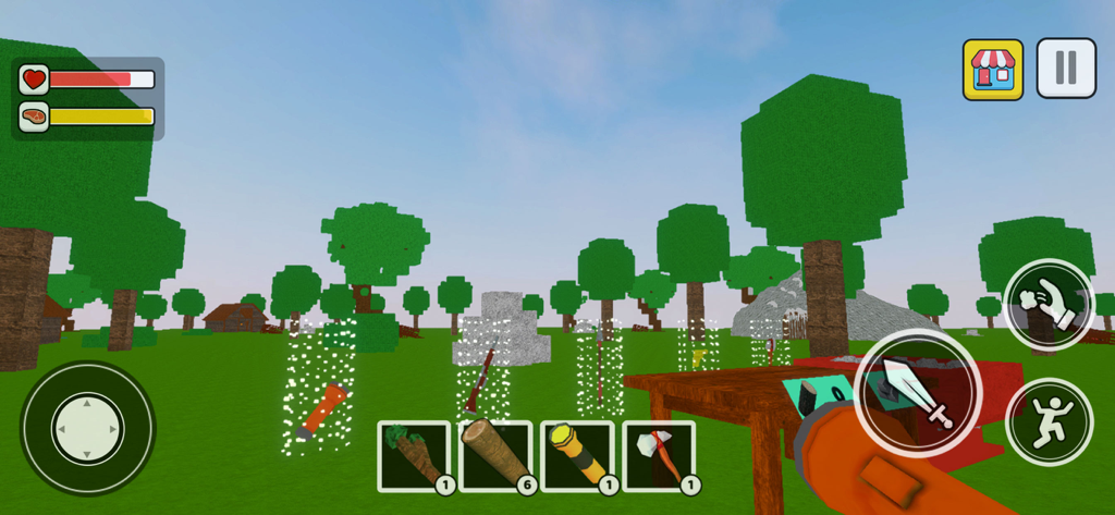 ForForest Nights: Survive it - Gameplay of ForForest Nights showing inventory and crafting in a blocky 3D forest