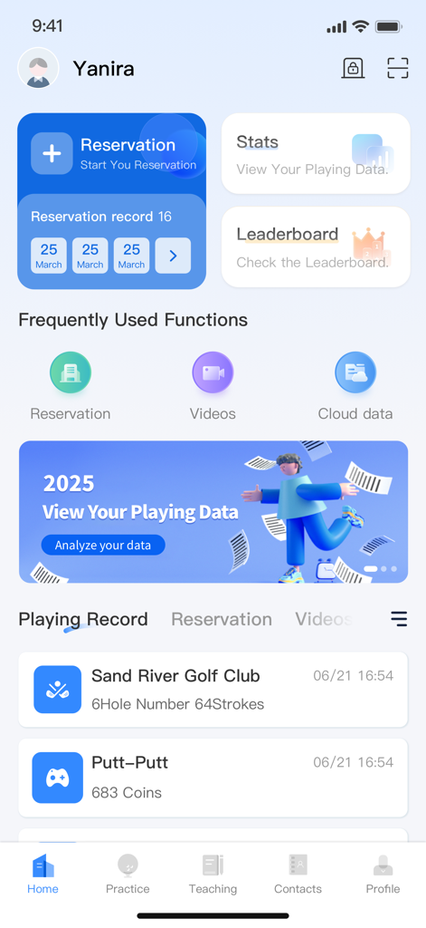 Golfjoy Space - The home screen of the Golfjoy Space app featuring player statistics reservations and historical playing records