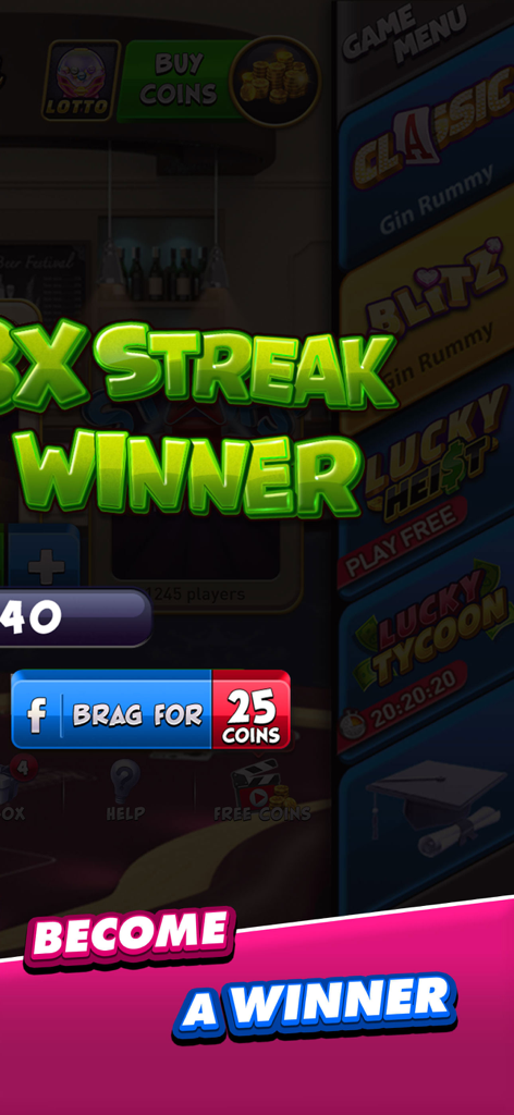 A winning screen in Gin Rummy Plus announcing a 3x streak winner with social share rewards.