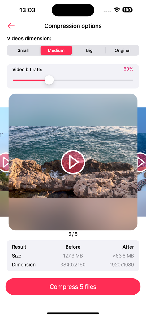 Interface showing video compression options including dimension selection and bit rate slider