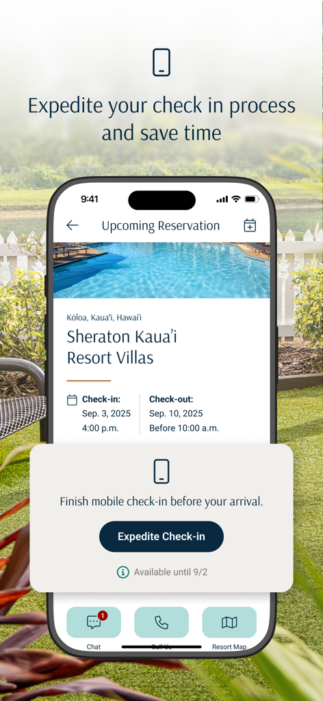 Sheraton® Vacation Club - Mobile check-in screen for a Sheraton Kaua'i Resort Villas reservation on the Sheraton Vacation Club app