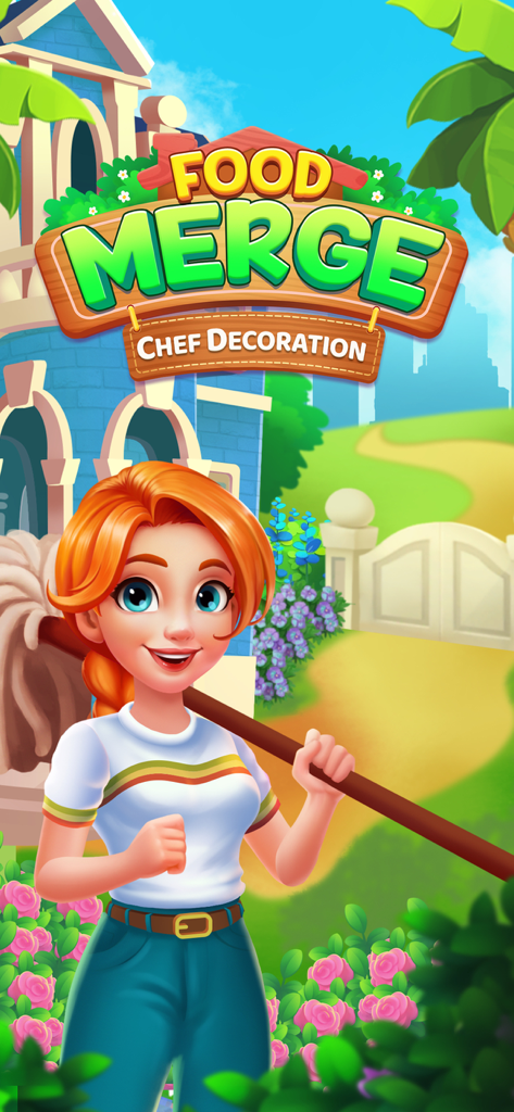 Jenna the chef holding a mop in front of a restaurant in the game Merge Food Chef Decoration