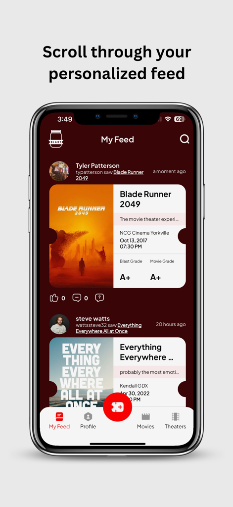 Blast Movie App - Une capture d'écran de l'application Blast Movie montrant un fil d'actualité social personnalisé avec des billets de film virtuels pour Blade Runner 2049 et Everything Everywhere All at Once.