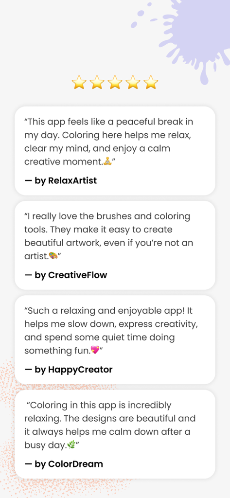 Drawee - Adult Colouring Book - A collection of positive user testimonials and five star ratings for the Drawee adult coloring book app highlighting relaxation and creative tools.