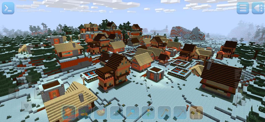 RealmCraft: mine & craft world - Villaggio innevato con edifici di blocchi nel gioco sandbox RealmCraft