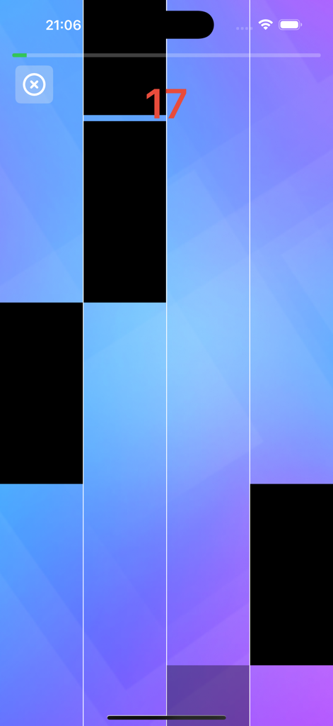 Jugabilidad móvil de Pop Piano EDM Music Game con azulejos negros desplazándose en un fondo geométrico azul y morado