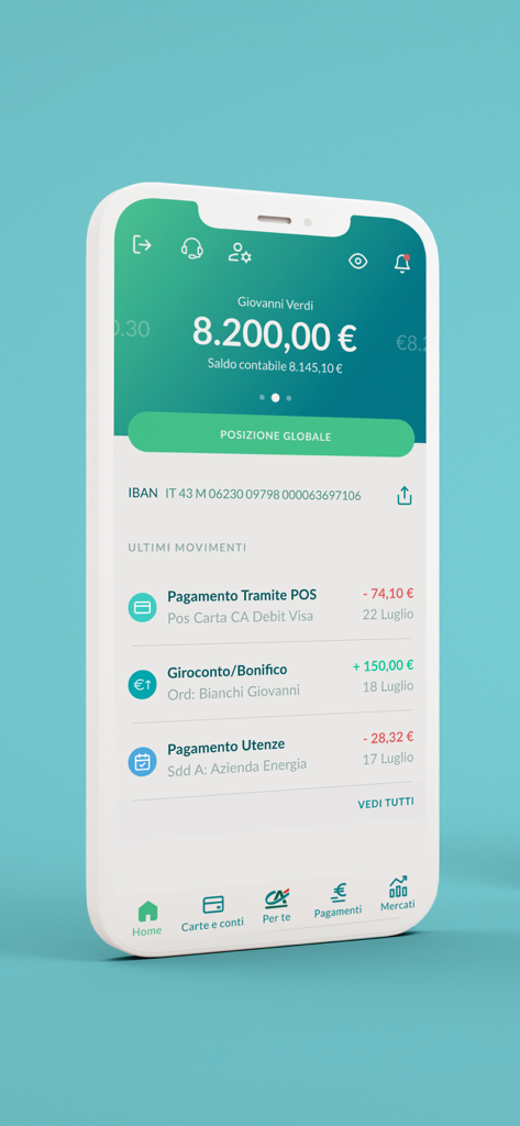 Home screen of the Credit Agricole Italia mobile banking app displaying account balance and recent transaction history