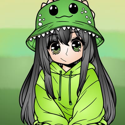 girl with anime shaped eyes with a dinosaur bucket hat oversized sweatshirt long straight hair