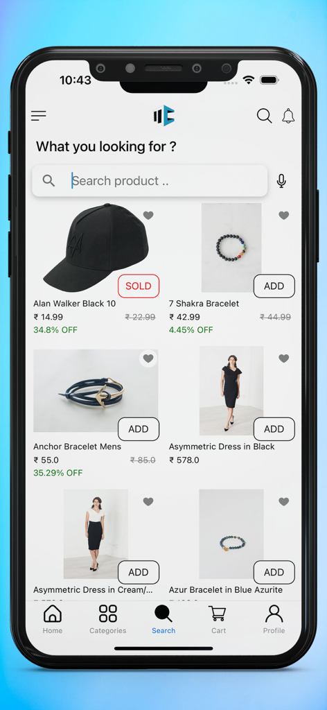 Mobile App Builder for Shopify - すっきりしたグリッドレイアウトで帽子、ブレスレット、ドレスなどのファッションアイテムを表示するShopifyモバイルアプリの商品検索画面