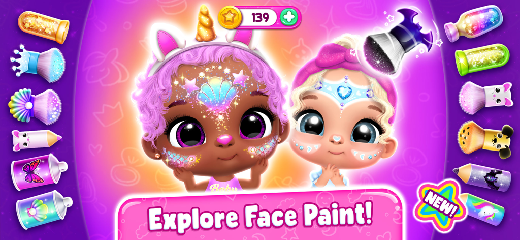 Giggle Babies - Toddler Care - Two adorable babies with colorful face paint and glitter in a kids makeover game