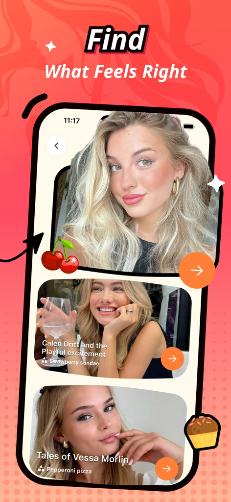 Mobile screen of the Gleebo app showing AI characters paired with specific food items and moods under the headline Find What Feels Right