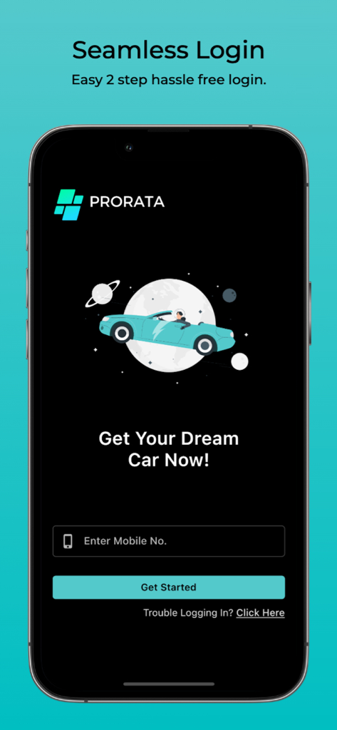 Prorata: Co-Own Your Dream Car - Prorata mobile app seamless two step login screen for fractional car ownership