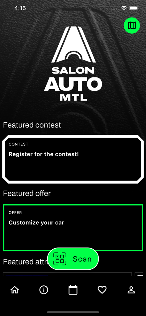 Montreal Auto Show - Pantalla de inicio de la aplicación del Salón del Automóvil de Montreal con secciones de concursos y ofertas, y un botón central para escanear códigos QR.