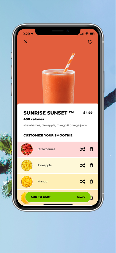 Tropical Smoothie Cafe app interface showing customization options for a Sunrise Sunset smoothie with strawberries pineapple and mango