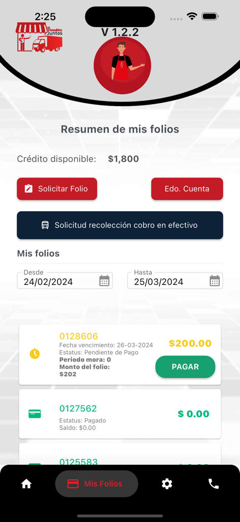 Mi Tiendita Juntos - Interfaz de la aplicación Mi Tiendita Juntos que muestra el crédito disponible y una lista de folios de transacciones para un propietario de un pequeño negocio.