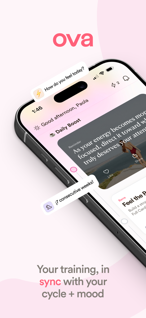 Ova: Move with Your Cycle - Iphone screen displaying the Ova app dashboard with daily workout recommendations and mood tracking features for cycle syncing wellness.