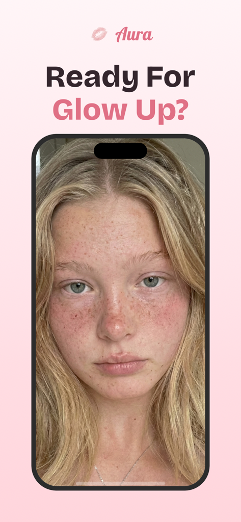 Aura: Your Glow Up Version - Pantalla de presentación de la aplicación Aura con un retrato natural de una mujer joven con el texto 'Listo para el cambio de imagen'.