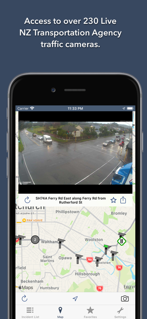 Screenshot of the NZ Roads app showing a live traffic camera feed and road map view
