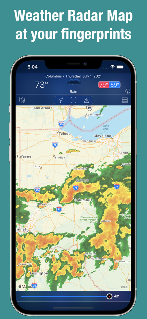 Smartphone screen displaying a live Doppler radar map with rain and storm patterns over Ohio