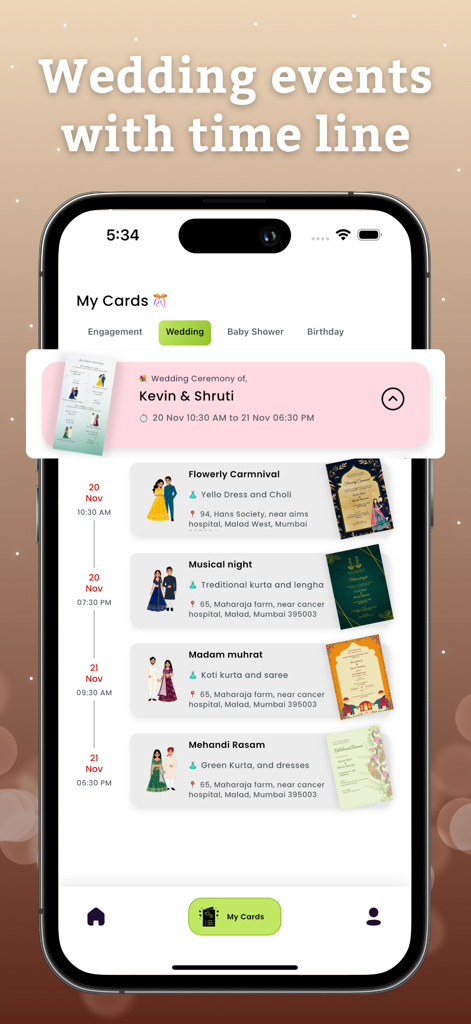 Invitation Card Pdf Maker - Smartphone screen displaying a digital wedding event timeline with dates and ceremony details