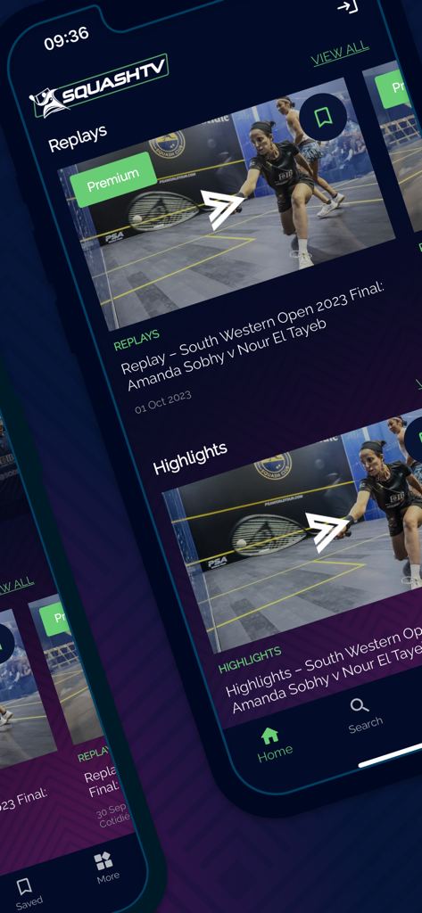 SQUASHTV - SQUASHTV app interface displaying match replays and highlights of professional squash tournaments