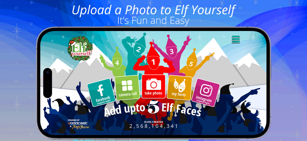 Interfaz de usuario de la aplicación ElfYourself que muestra opciones para subir fotos y agregar hasta cinco caras para crear videos navideños.