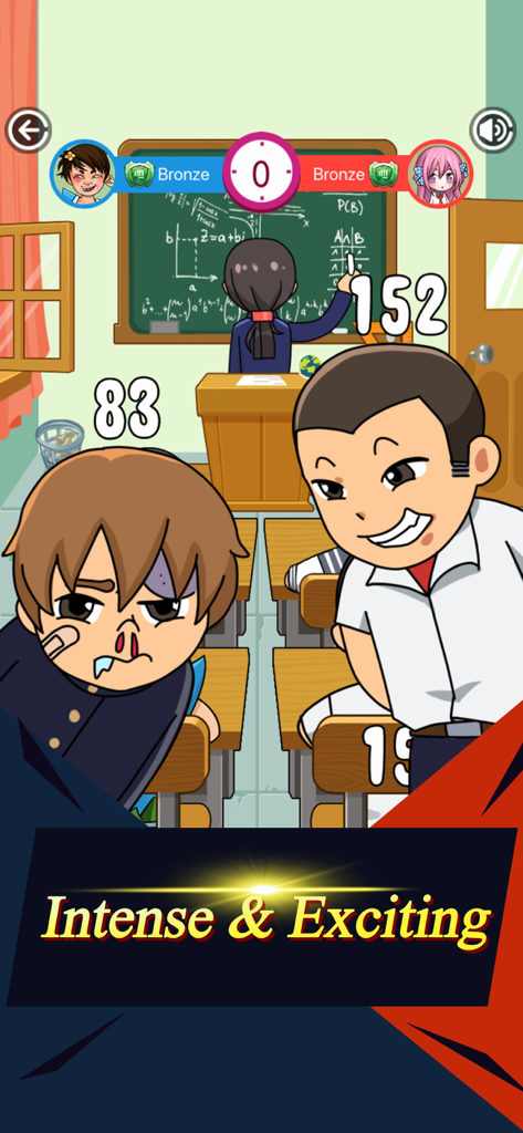 Personnages d'étudiants de dessin animé dans une scène de bataille en salle de classe dans Class.io.