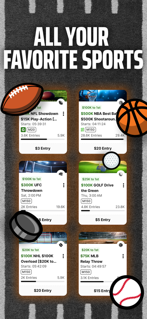 DraftKings Fantasy Sports - NFL NBA UFC 및 MLB에 대한 다양한 일일 판타지 스포츠 콘테스트를 표시하는 DraftKings 앱 화면