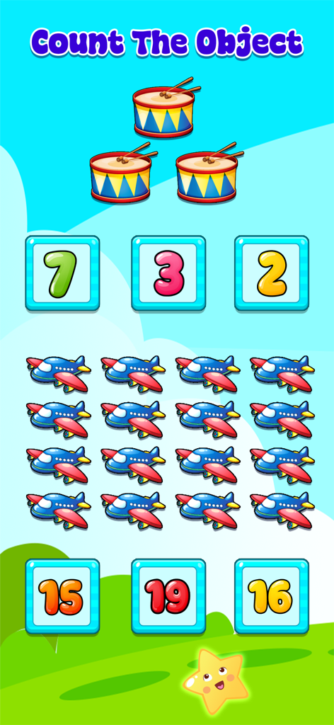 Kiddo Space Toddler Training - Preschool counting activity featuring drums and airplanes with multiple choice number options.