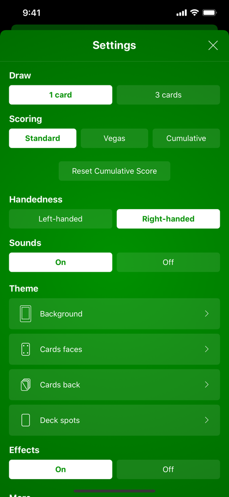 Solitaire The Game - Settings screen of Solitaire The Game app showing options for card draw scoring and handedness