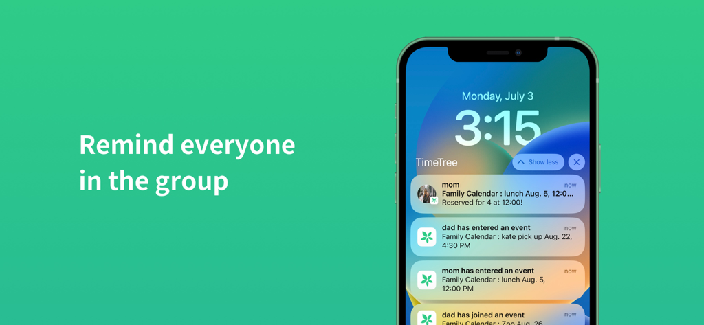 Pantalla de bloqueo del iPhone mostrando notificaciones grupales y actualizaciones del horario familiar de TimeTree