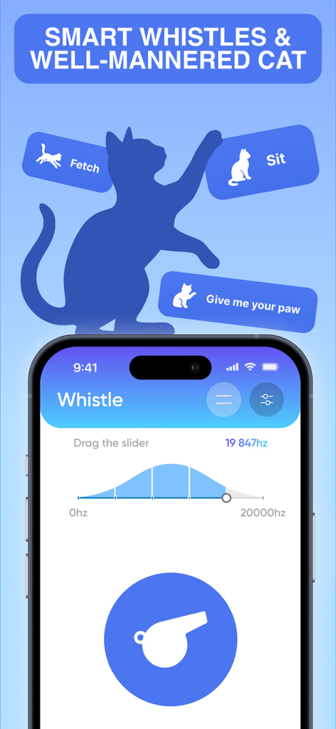 MeowLingo: Cat Translator - MeowLingo App-Oberfläche, die den Schieberegler für die intelligente Pfeiffrequenz und Symbole für Trainingsbefehle für Katzen zeigt