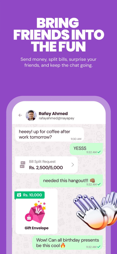 NayaPay app interface showing social chat with bill splitting and digital gift envelope features