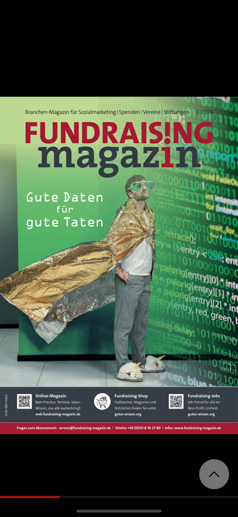 Fundraising-Magazin - Digital cover of Fundraising-Magazin issue 3 2024 featuring the headline Gute Daten für gute Taten with a person in a gold cape and unicorn slippers.